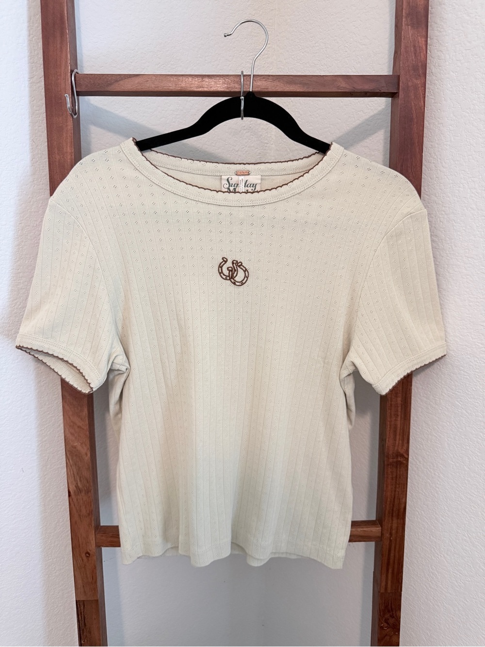 Free People Sunday Market Ribbed Short Sleeve Horseshoe Embroidery Baby Tee XL